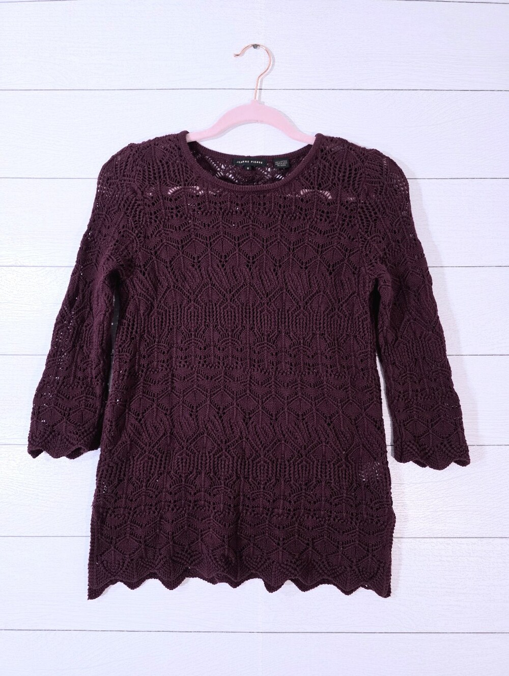 Burgundy 100% Cotton Open Knit Jeanne Pierre Pointelle Lace Knit Sweater Small